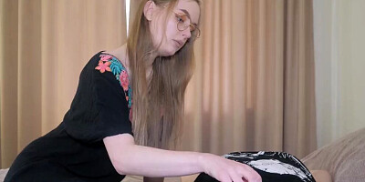 Nerdy MIFL pulls stepson's hard cock out and sucks it nicely