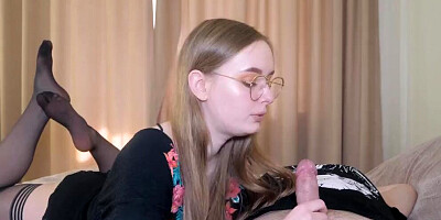 Nerdy MIFL pulls stepson's hard cock out and sucks it nicely