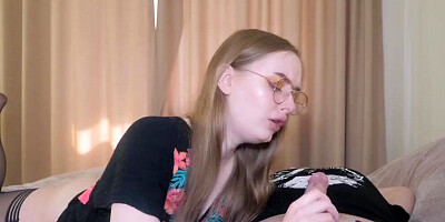 Nerdy MIFL pulls stepson's hard cock out and sucks it nicely