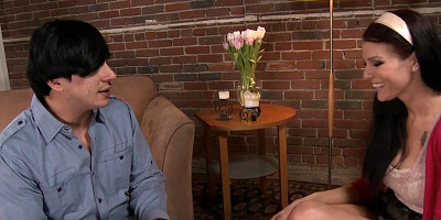 Inked MILF seduces shy guy and rides his hard pecker