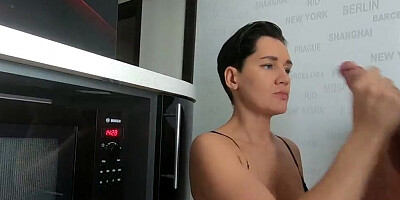 Short-haired MILF blows stepson's cock and gives him some cunt