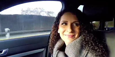 Stunning looking German babe riding a long rod in the car