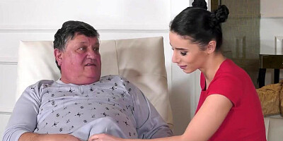 Old man has a busty young girl passionately bouncing on his dick