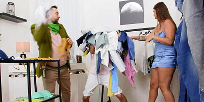 Busty plump brunette fucking with a young nerd in the clothes changing room