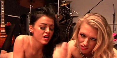 POV brunette and blonde are comparing their blowjob skills on the fat johnson