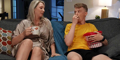 Teen boy fucks his horny blonde stepmom when daddy's not looking