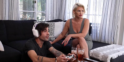 MILF with big tits in lingerie playing video games and pussy fucking with son's friend