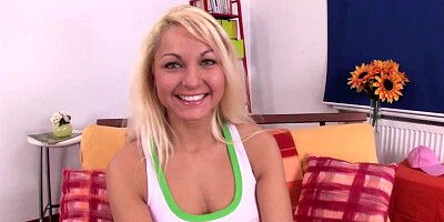 Blonde takes a shower of cum after DP sex session