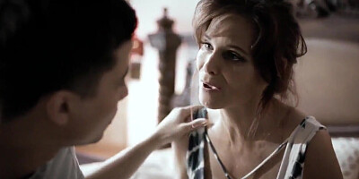 Two sons fuck their busty stepmom in wild threesome