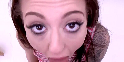Lovely brunette doll is swallowing dude's cock with her slimy mouth