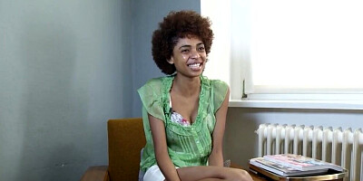 Tight Ebony with curly hair puts a dildo in her cherry