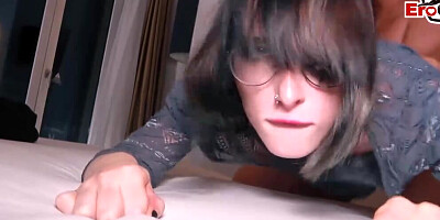 Nerdy brunette girl sucks a hard cock and gets fucked from behind
