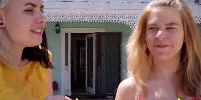 Two lustful blonde lesbians with hairy pussies lick each other