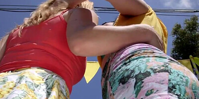 Two lustful blonde lesbians with hairy pussies lick each other