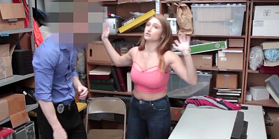 Young thieving redhead is blowing a mall cop in front of her cougar mommy
