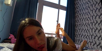 Gorgeous brunette doll is sucking boyfriend's dong first thing in the morning