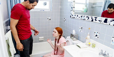 Teen redhead is giving a blowjob to her randy stepdad before getting banged by him