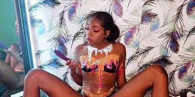 After getting undressed, the ebony sweetheart will masturbate until she orgasms