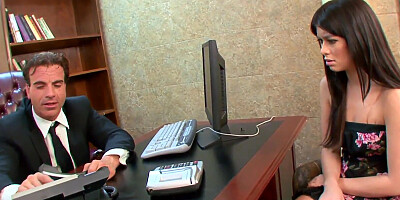 Gorgeous babe is riding boss's hard prick inside the office