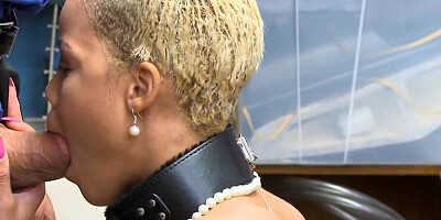 Small tits ebony woman is blowing and riding a mall cop in a warehouse
