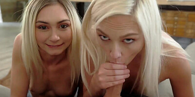 Two blonde girls are treating a single shaft with a dual blowjob