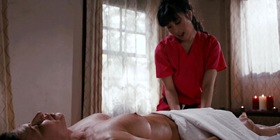 Lesbian Masseuse Jade Kush gives her client Ariel X a pussy licking