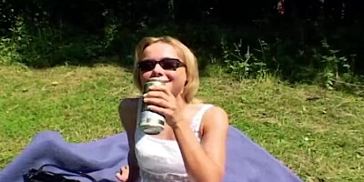 Sweet German teen pleasing her tight pussy in the woods