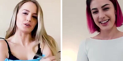 Two hot ladies are skyping and rubbing their pussies together