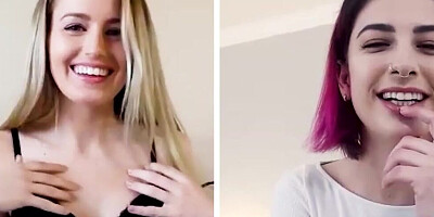 Two hot ladies are skyping and rubbing their pussies together