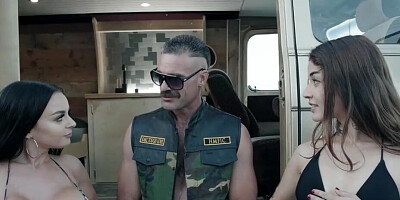 Bombastic brunette with huge tits and her inked girlfriend fucked in a threesome