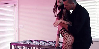 Wrapped in fishnet stockings, the aroused harlot is ready for hardcore pussy ramming