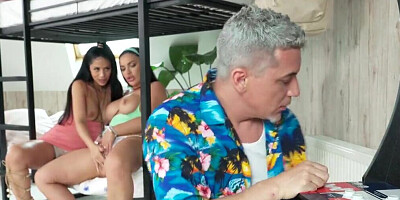 Three girls doing their best to get fucked by a hostel creep