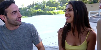 Brunette girl gives a footjob and blowjob to her endowed stepbro