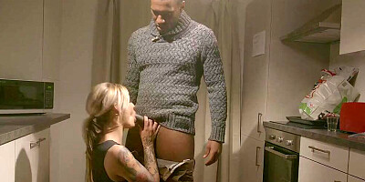 Blonde girl in sexy black lingerie rides a hard pecker