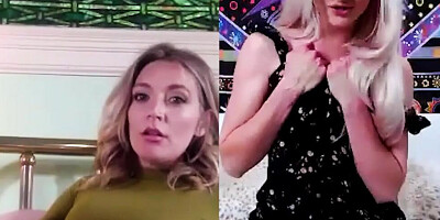 Two blonde ladies are skyping and rubbing their pussies together