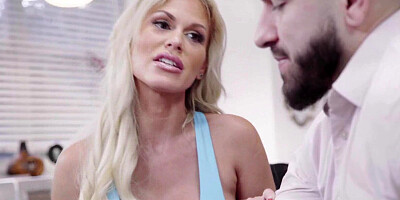 Busty blonde mommy adores wrapping her lips around the stepson's giant schlong