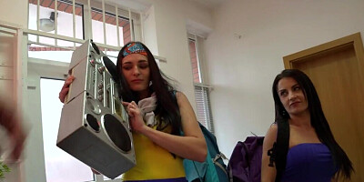 Young lassies hold 3some with the male at the hostel