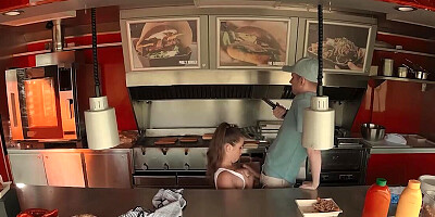 Horny chick Lady Lyne fucked in the restaurant by Sam