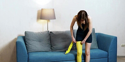 European shy girl is making her first solo video on camera