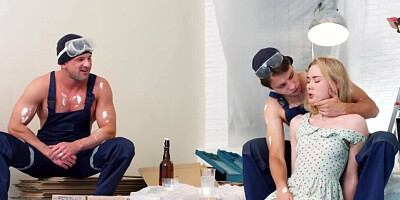 Dirty Teen Via Lasciva Seduces Hunky House Painters into DP Threesome