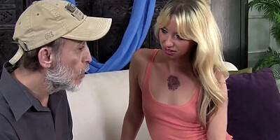 Blonde girl deepthroats on hard cock and gets fucked in sideways position