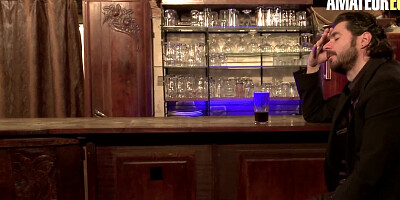 Juicy teen girl is fucked by two stallions in a bar