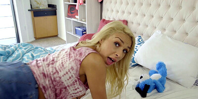 Nerdy guy is using his big johnson on the pussy of a hot blonde neighbor