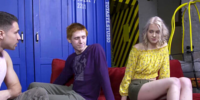 Young babe rides cock next to cuckold boyfriend and eats cum