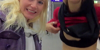 Blonde and MILF are making out and fingering in the train