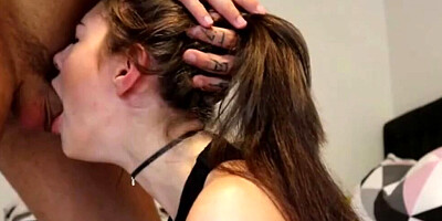 Amateur slut is practicing her cock sucking and deepthroating skills on stiff cock