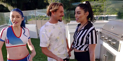 Footballer teen Jewelz Blu and her bisexual BFFs training on a big cock