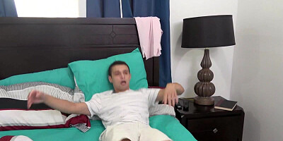 Blonde mommy motivates her teen stepson by blowing his long cock and banging him