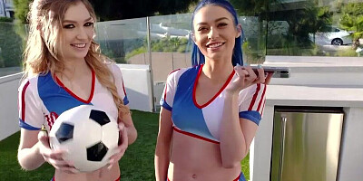 Thre soccer teens are using a thick cock of a lucky gentleman for sexual pleasure