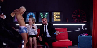 Two slim Euro blondes are pumped hard up their twats by two studs